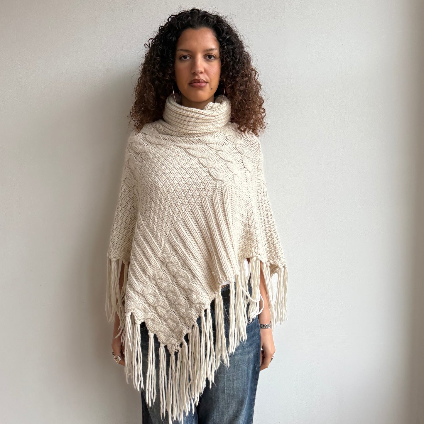 Cream tassel poncho - One Size