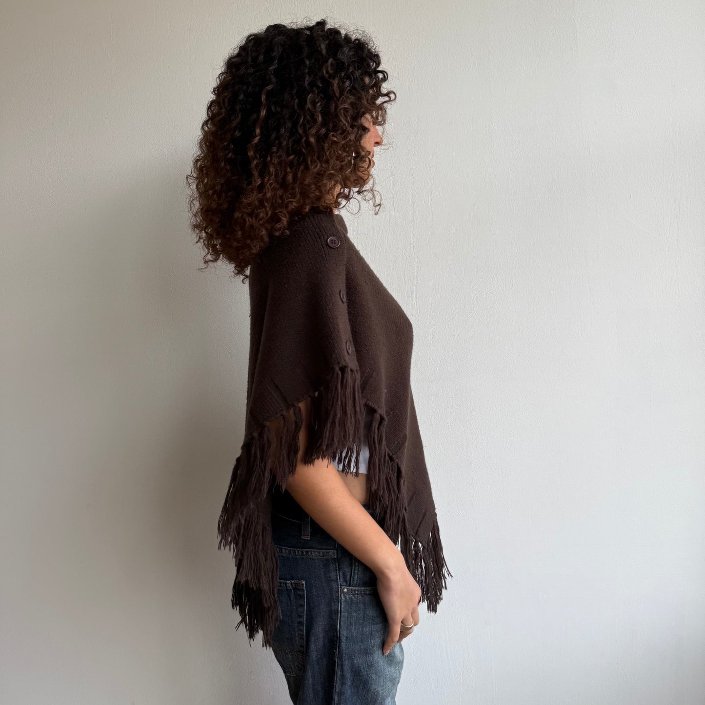 Brown tassel button poncho - One Size