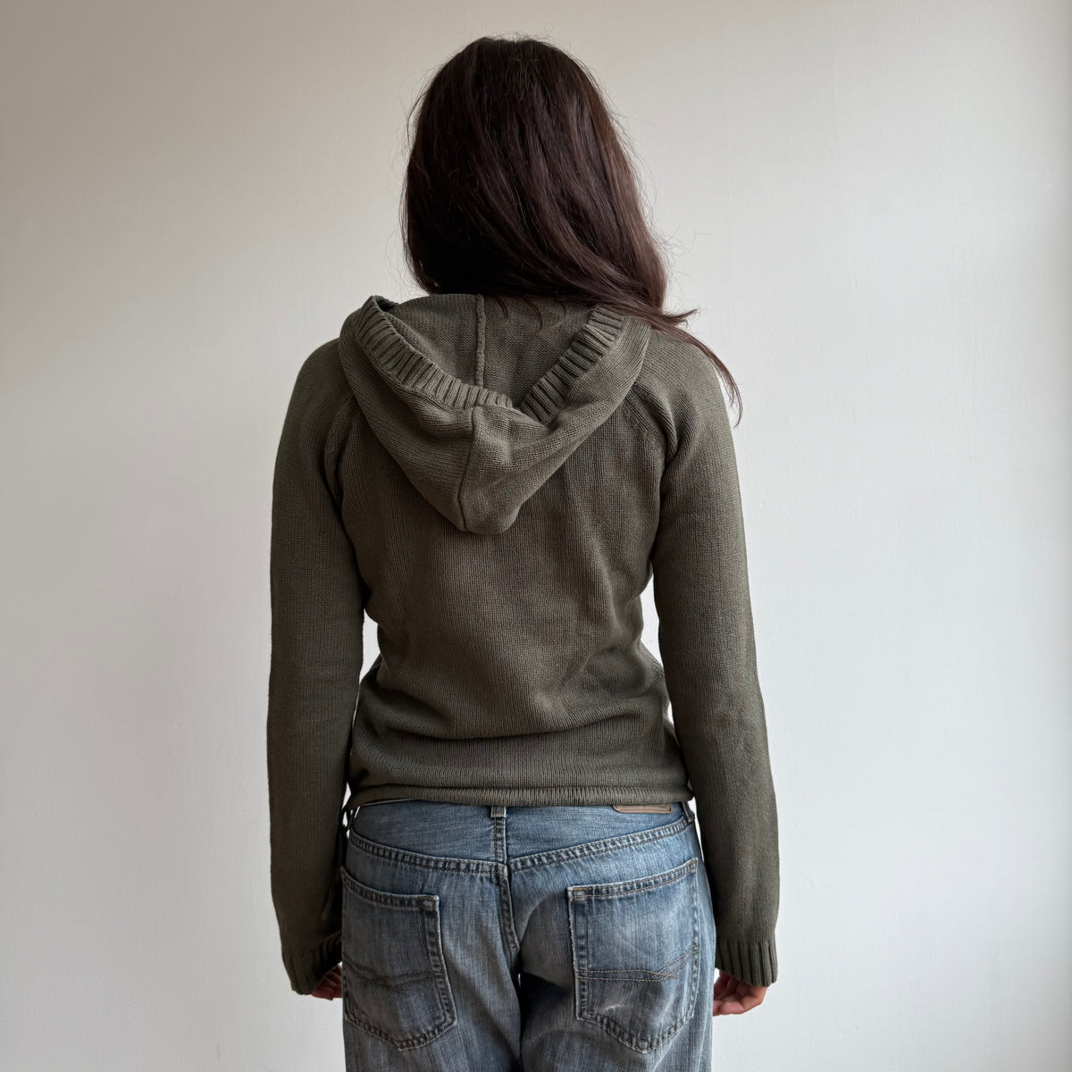 Khaki v-neck knit hoodie - Size S-M