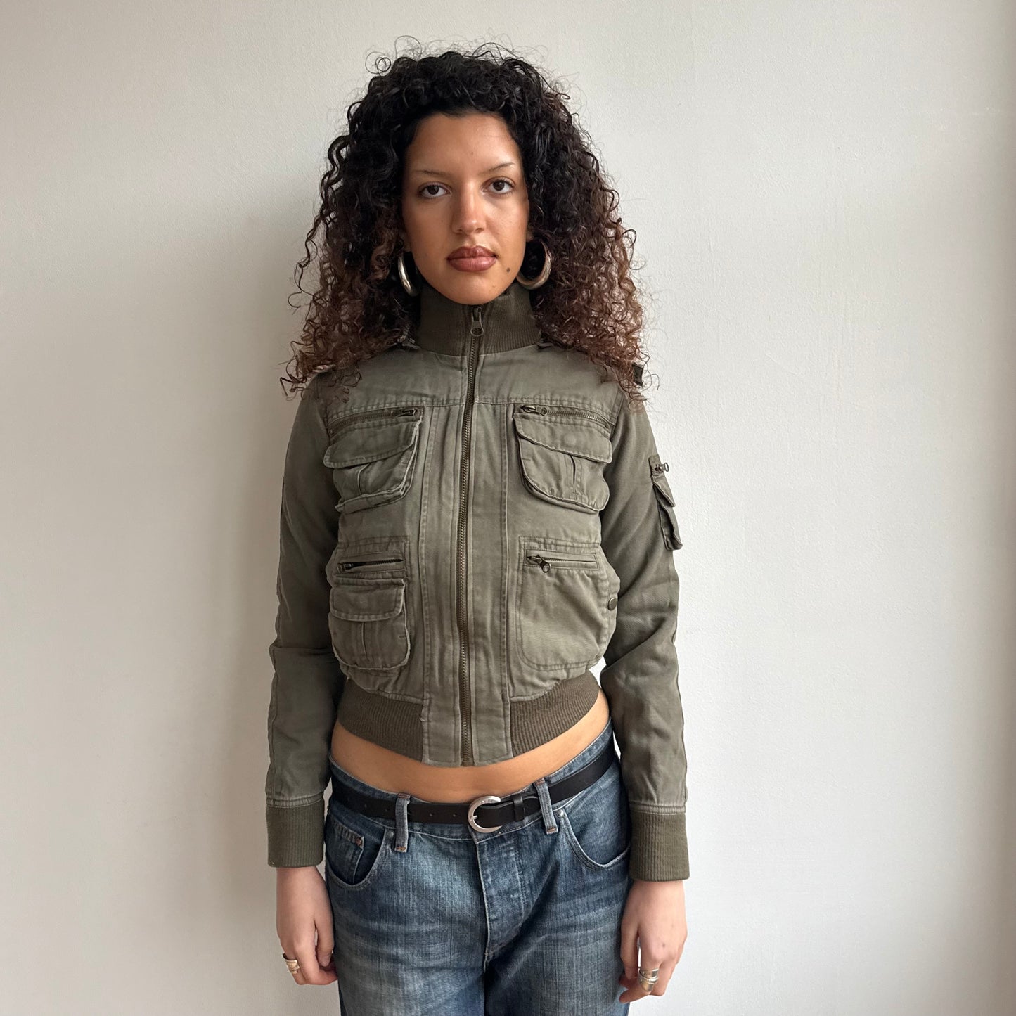 Khaki bomber with faux fur hood - Size S/M