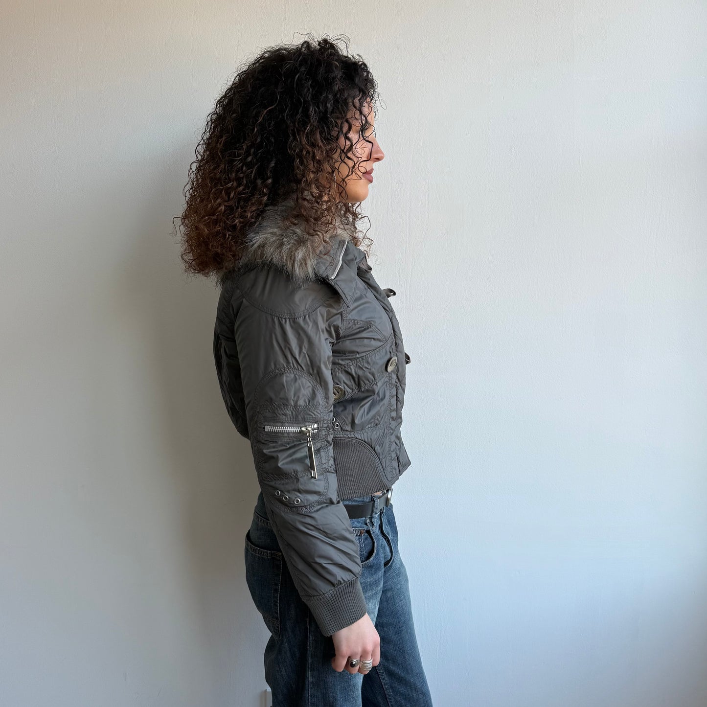 Grey fur collar puffer bomber - Size S