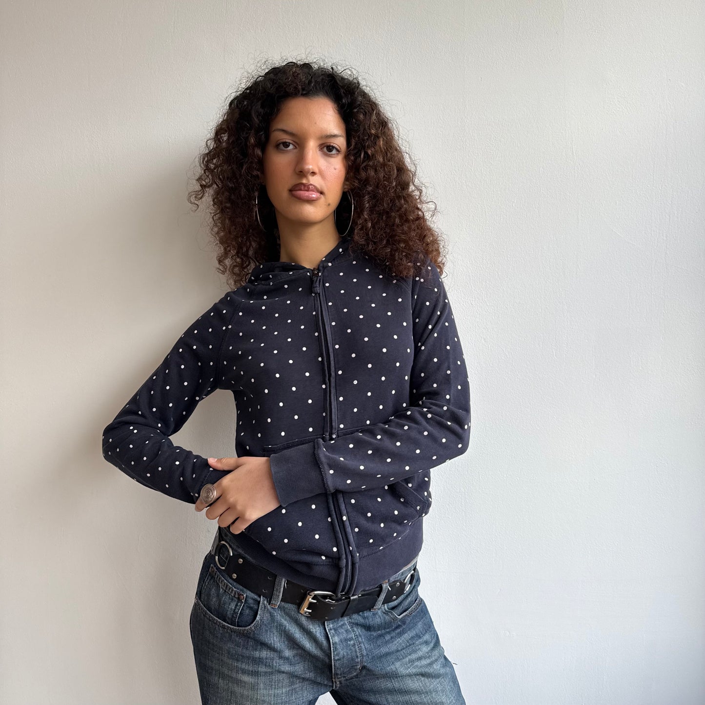 Navy polka dot hoodie - Size S