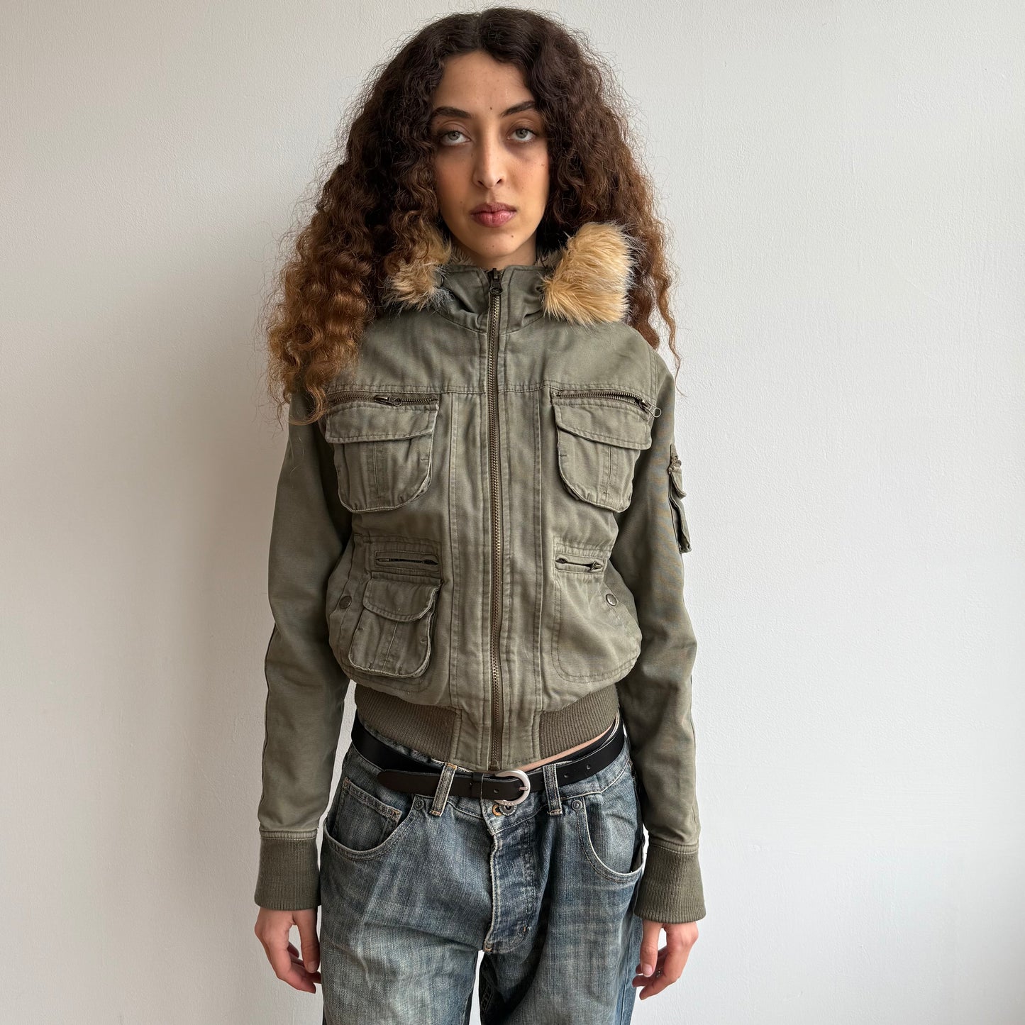Khaki bomber with faux fur hood - Size S/M + M