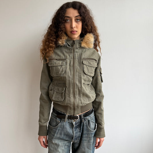 Khaki bomber with faux fur hood - Size S/M + M