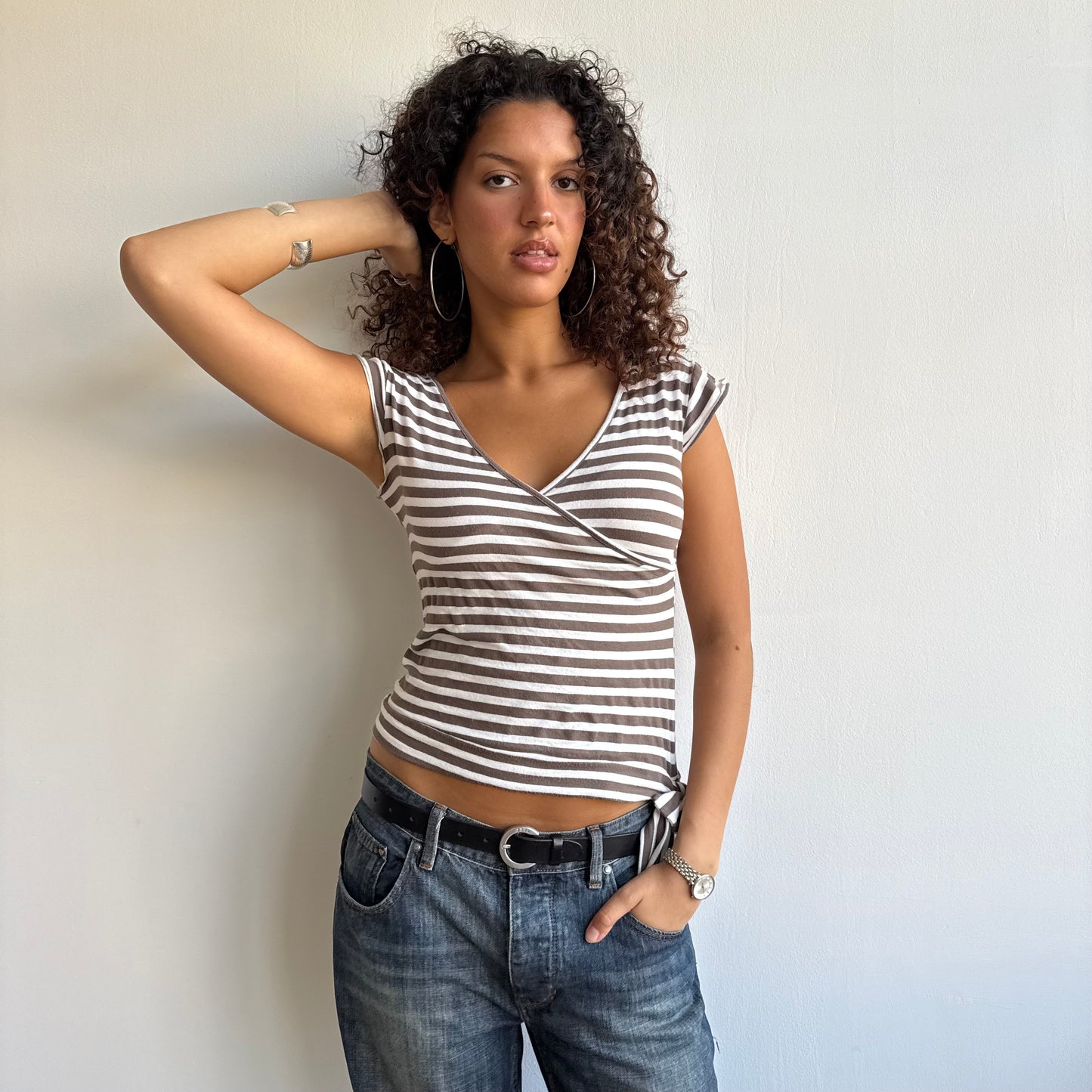 Brown + white stripe wrap top - Size M + L