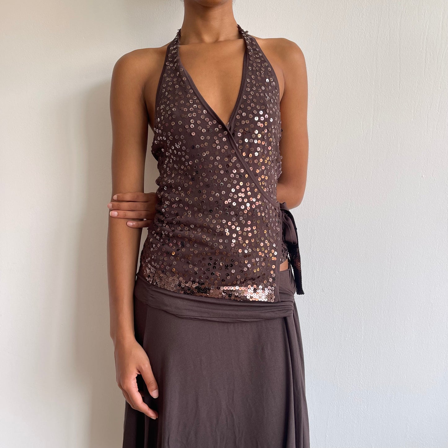 Brown sequin knit halter neck - Size S