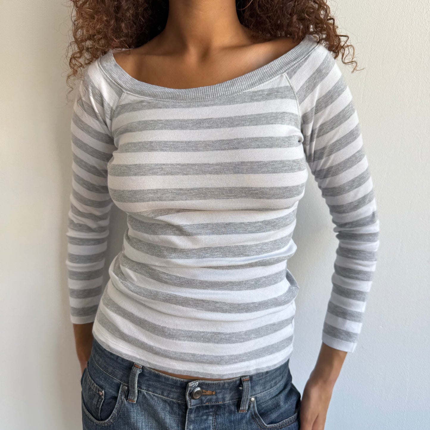 Grey + white striped bardot top - Size S