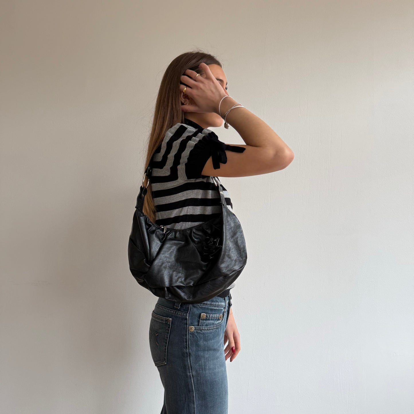 Black floral applique bag
