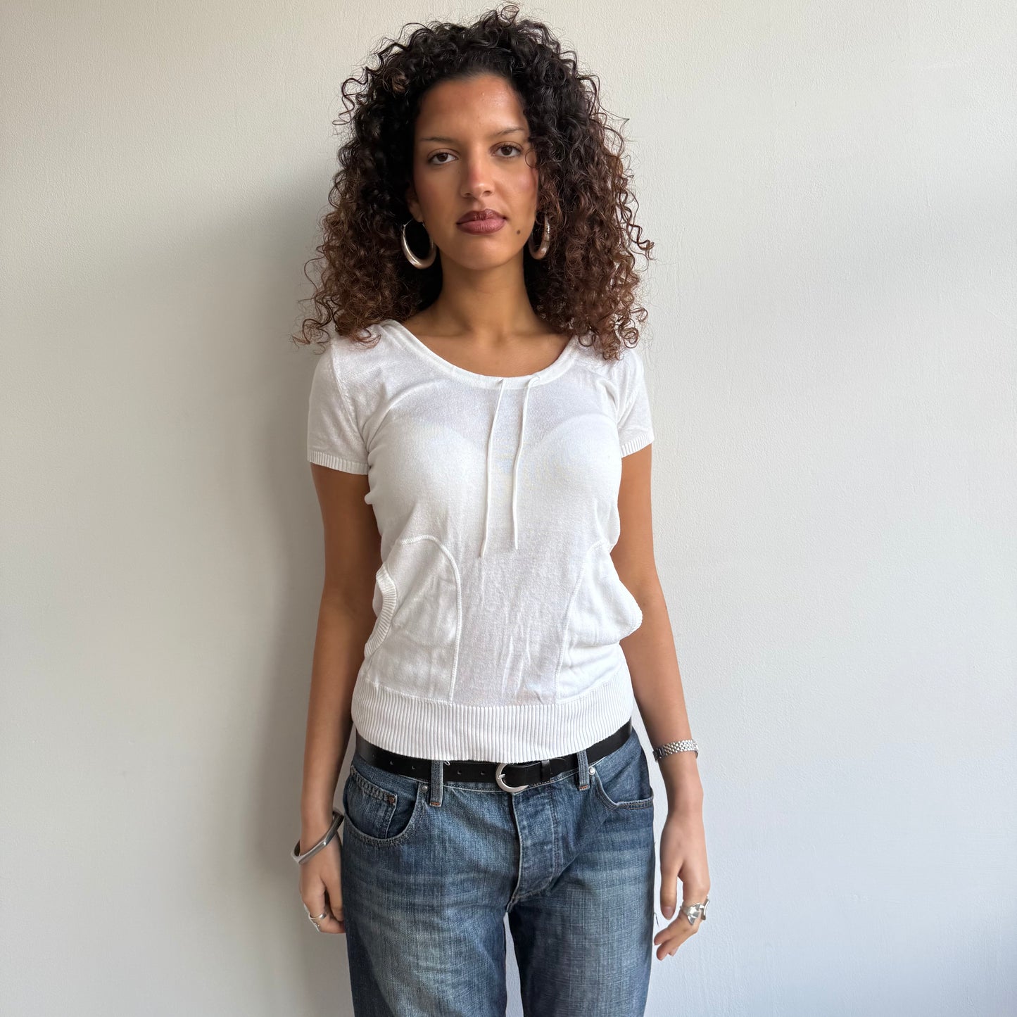 White knit short sleeve hoodie - Size M