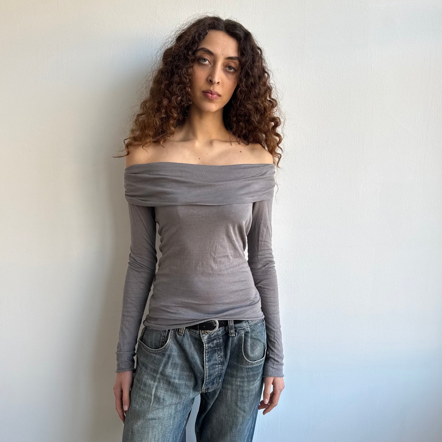 Taupe bardot fold over top - Size S