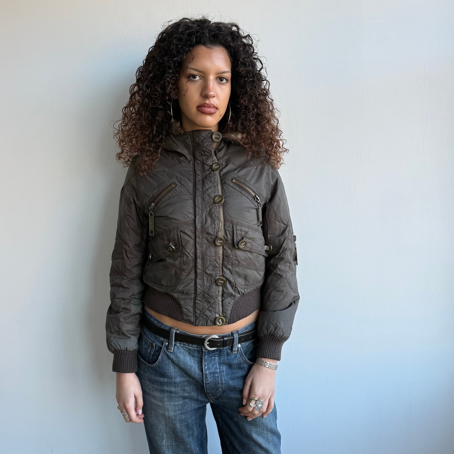 Brown padded faux fur hood - Size S