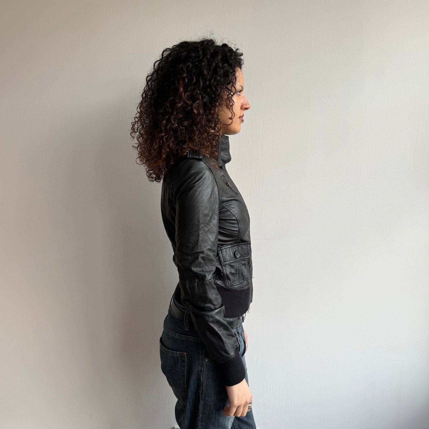 Black leather cargo zip jacket - Size S/M