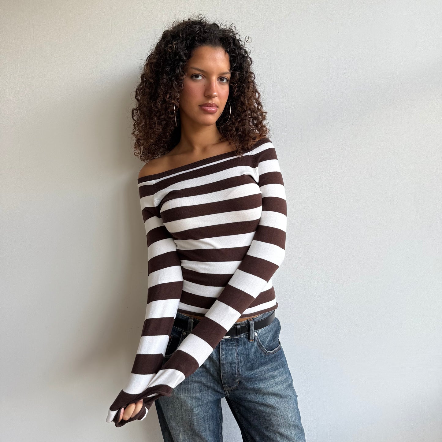 Brown and white striped Bardot knit - Size S