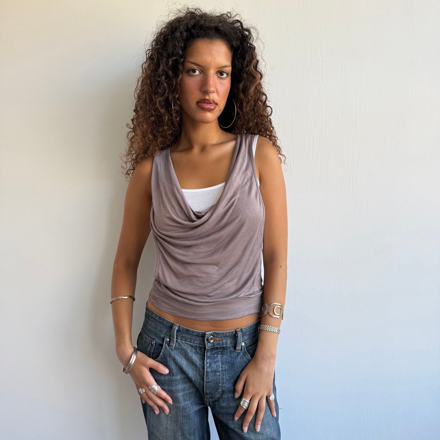 Taupe + white double layer top - Size S