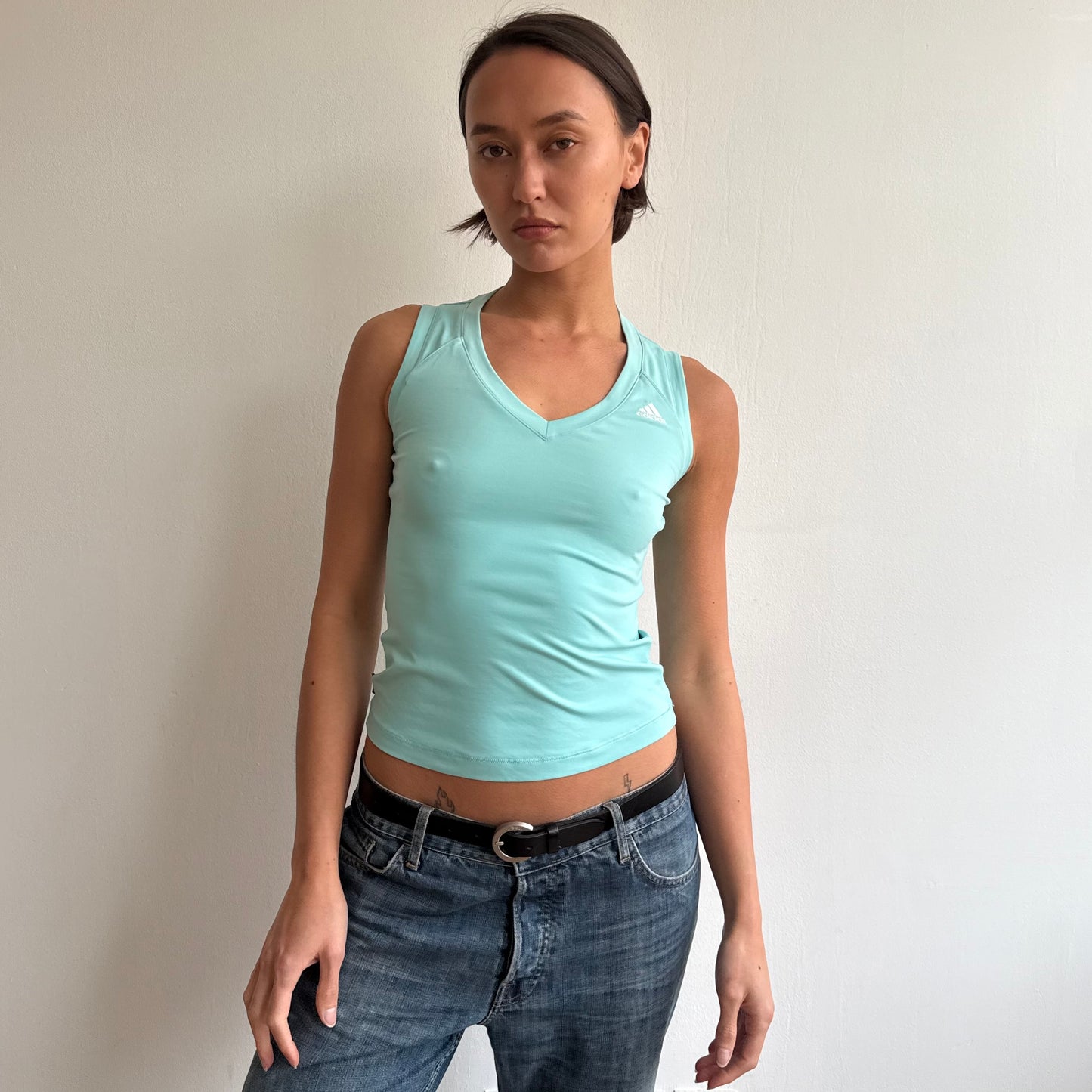 Turquoise Adidas v-neck top - Size S