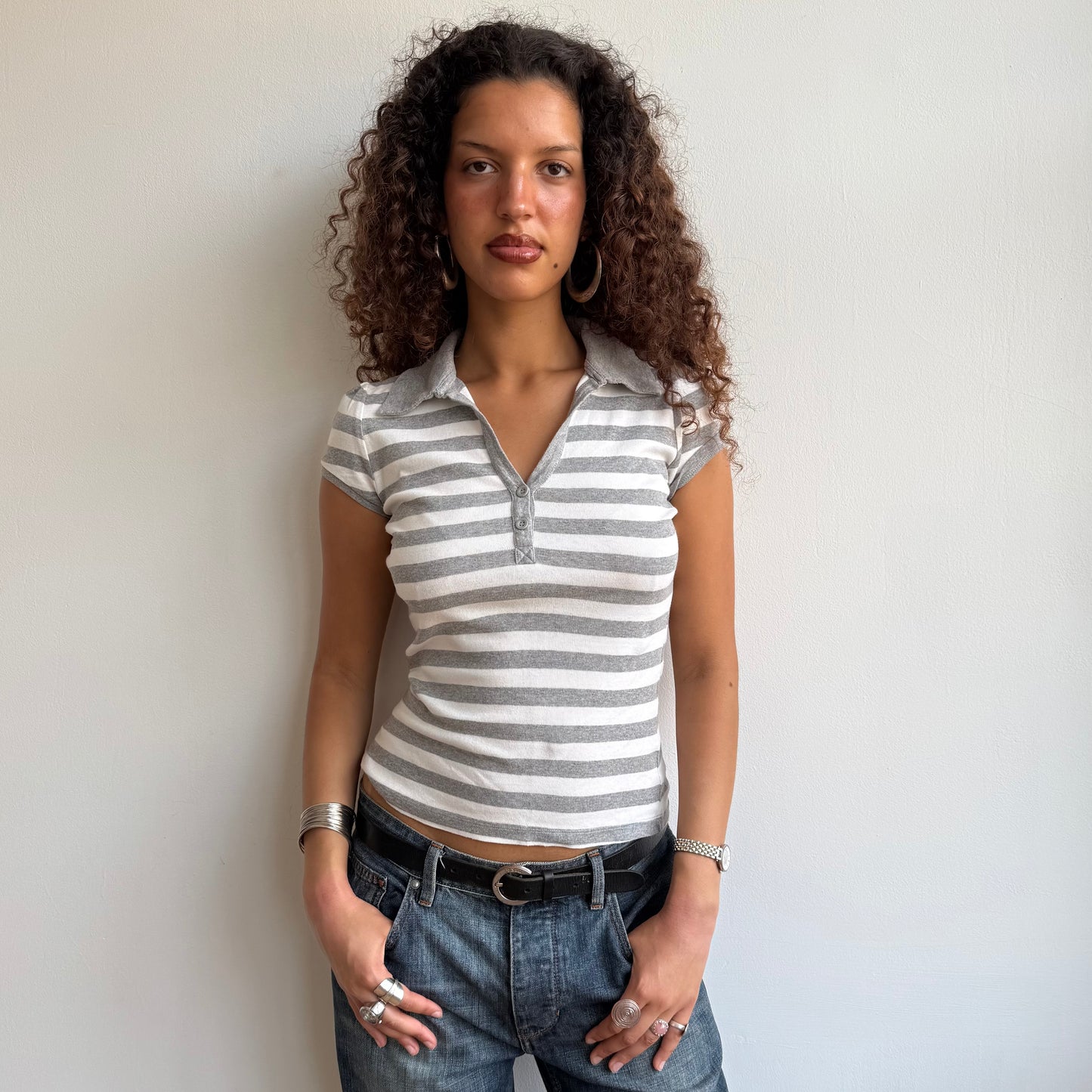 Grey + white striped polo - Size S/M