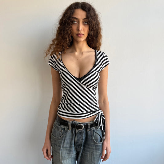 Black + white striped ballet wrap top - Size S