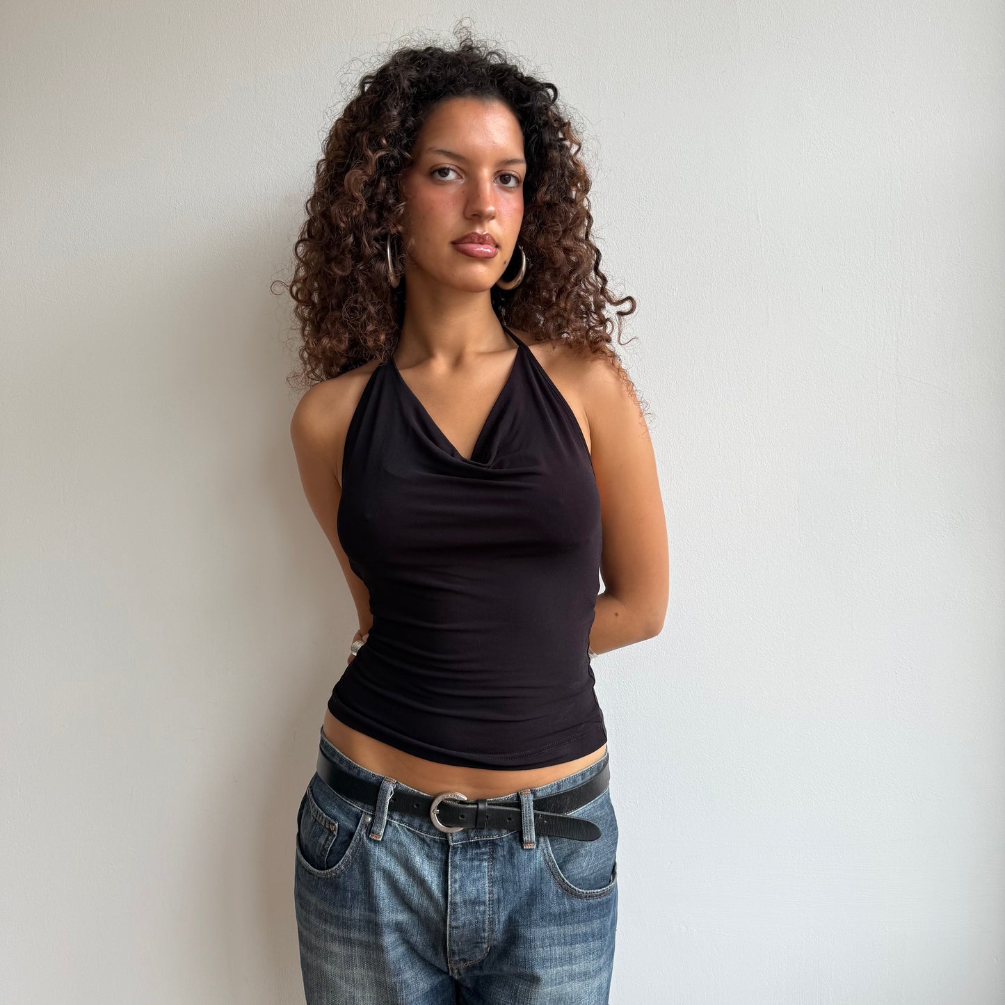 Brown cowl neck slinky top - Size S