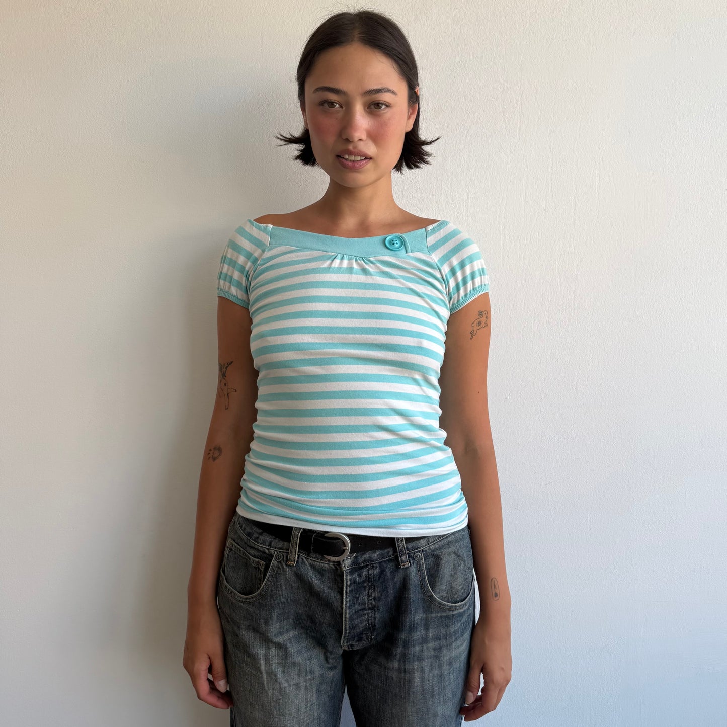 Turquoise striped button top - Size M