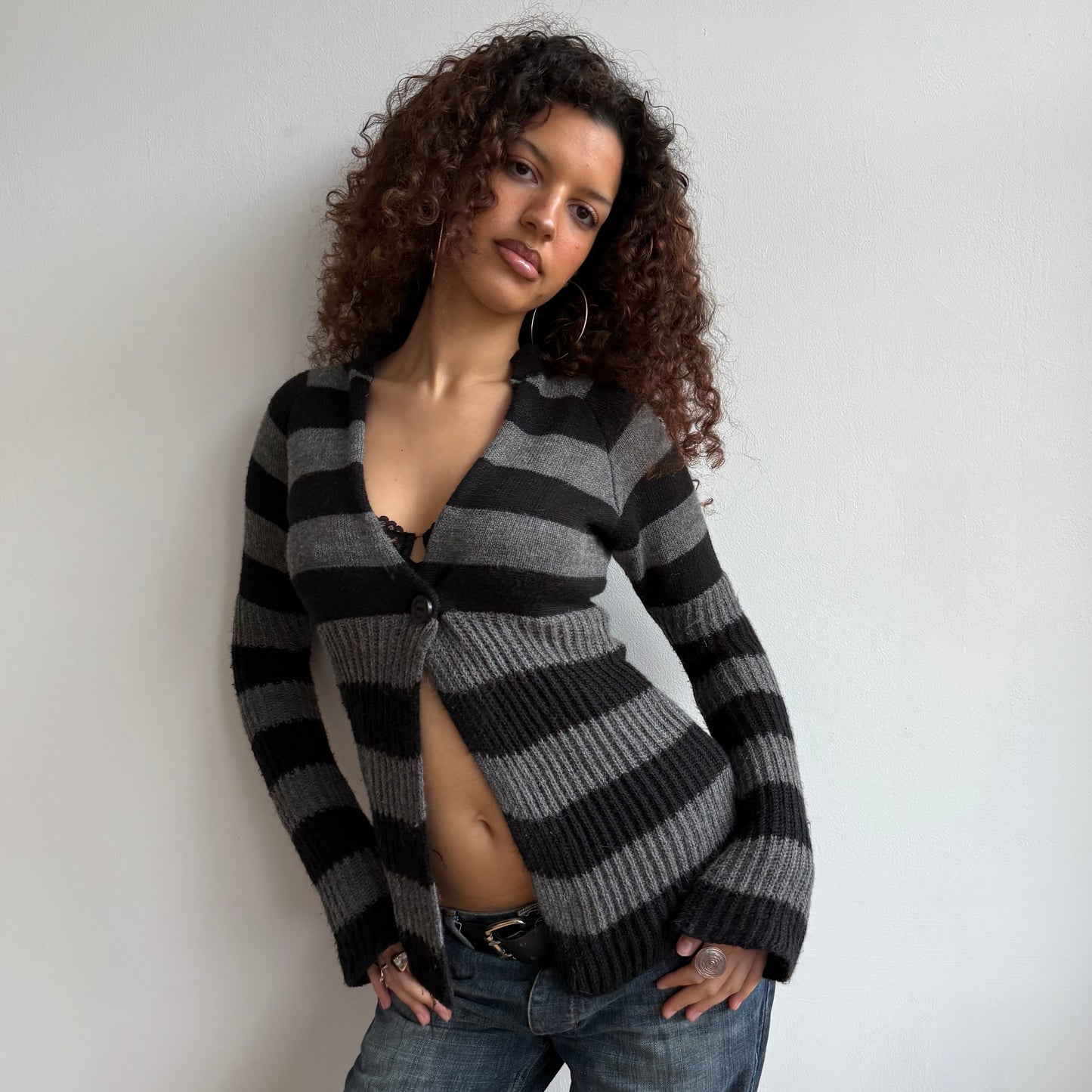 Black + grey striped cardi - Size M