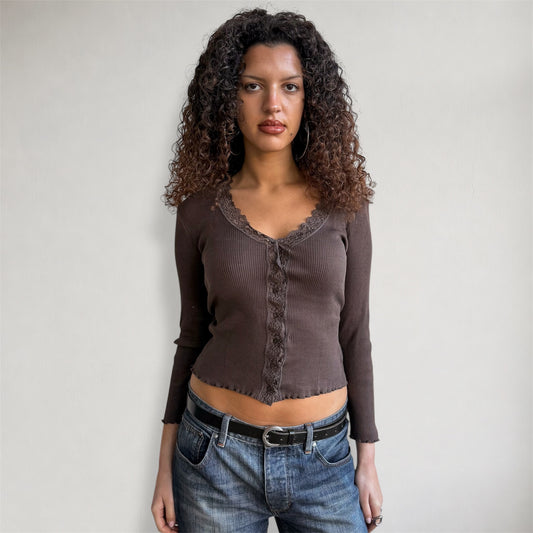 Brown ribbed lace cardi - Size S