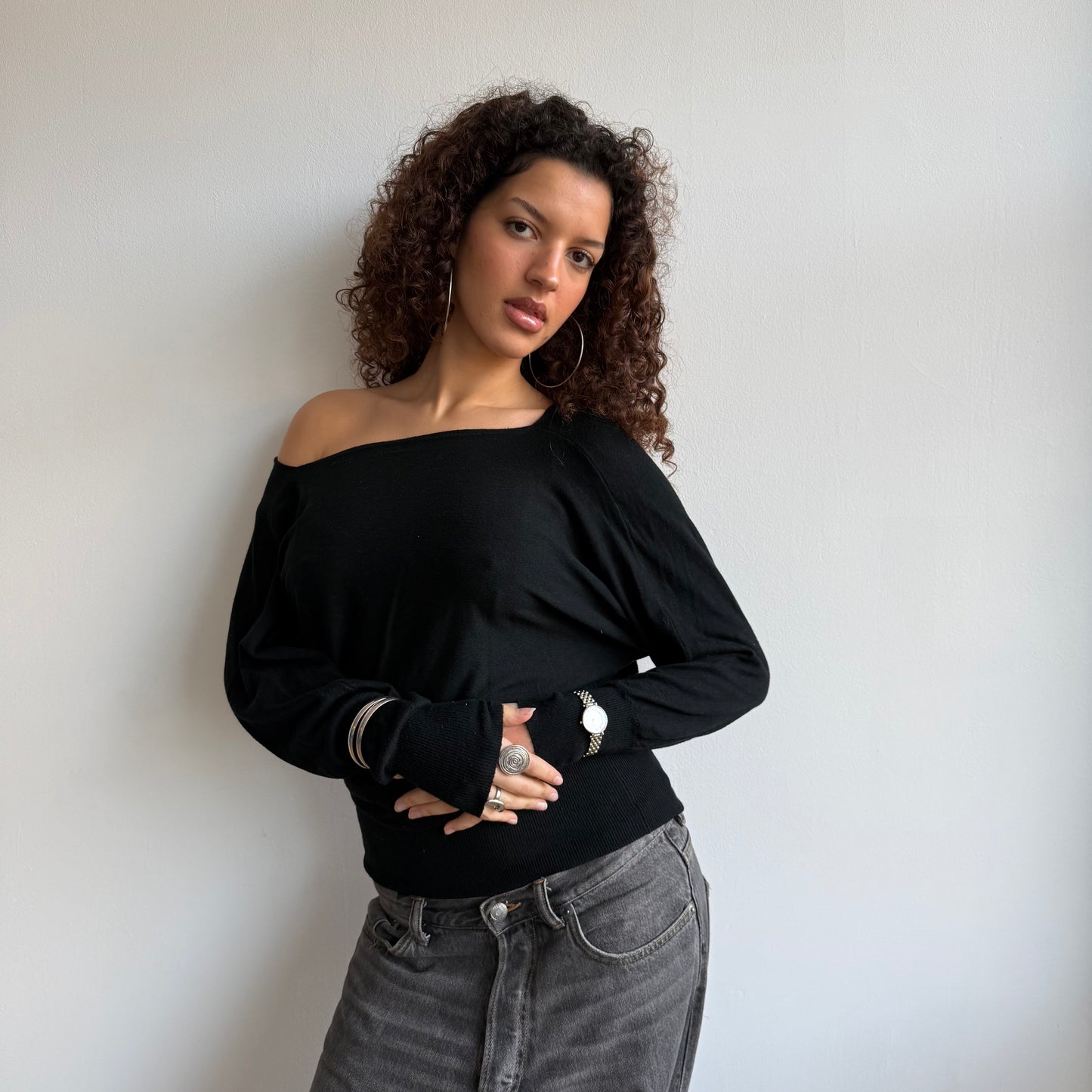 Black slouchy Bardot jumper - Size S