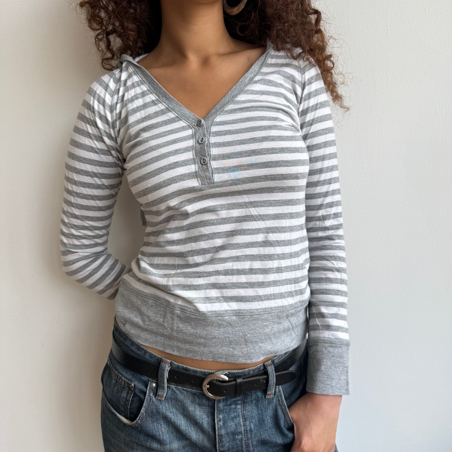 Grey stripe hooded top - Size S