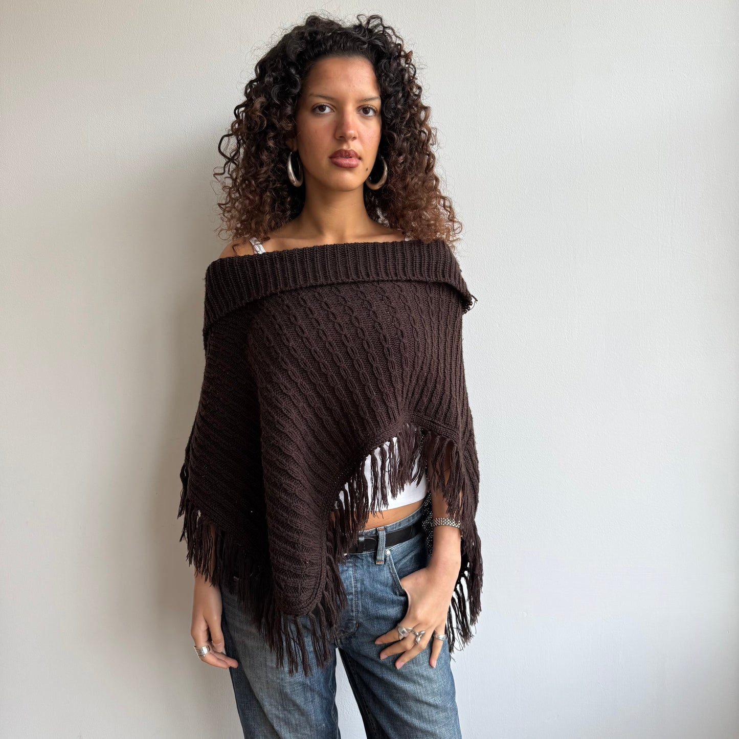 Brown knit Bardot poncho - Size M/L
