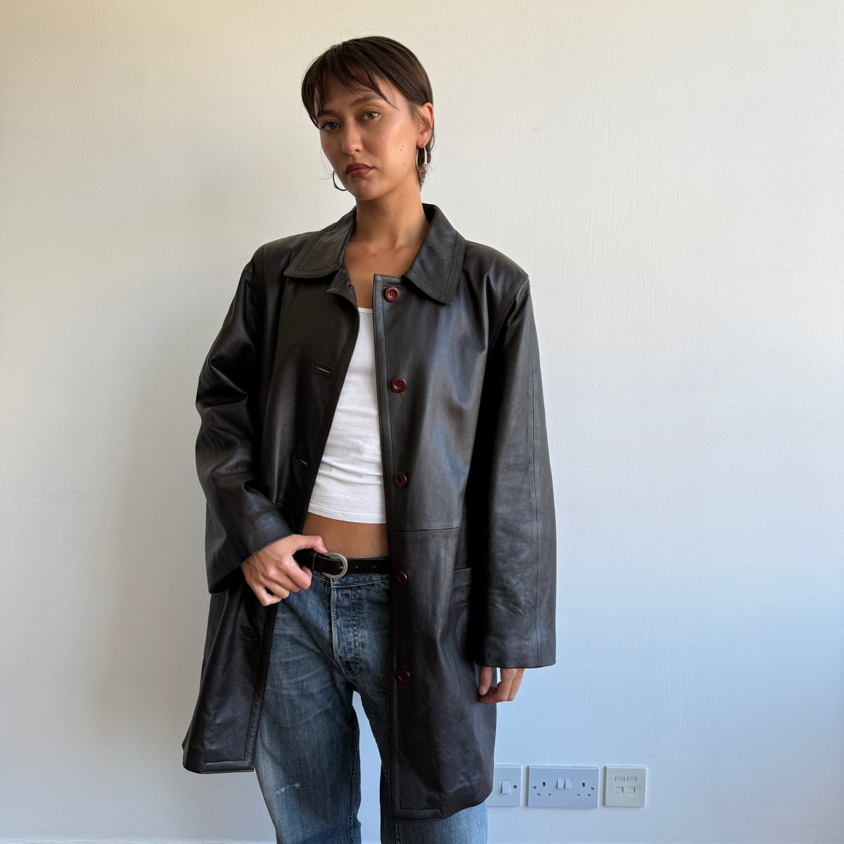 Brown leather mid length coat - Size L