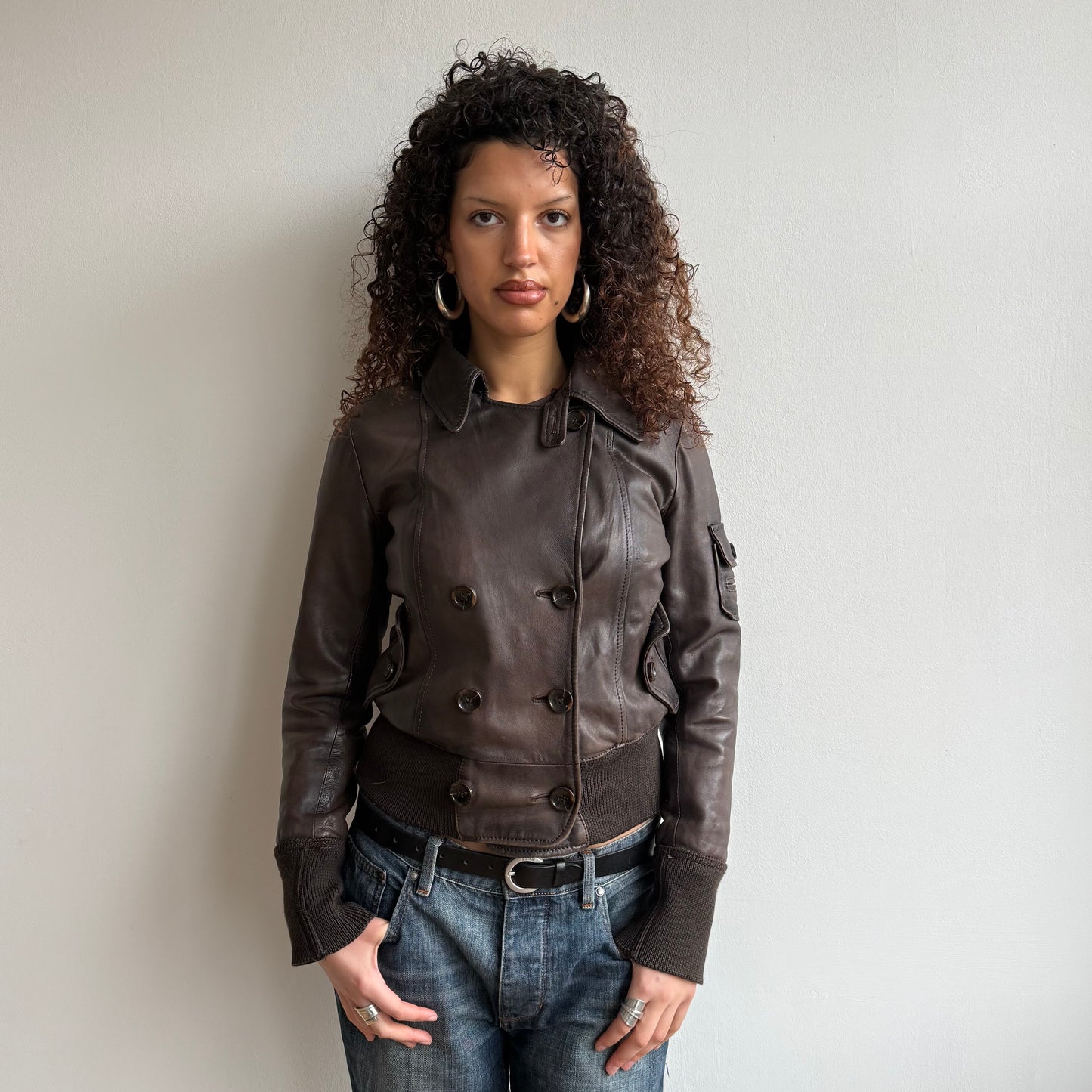 Brown leather moto bomber - Size S