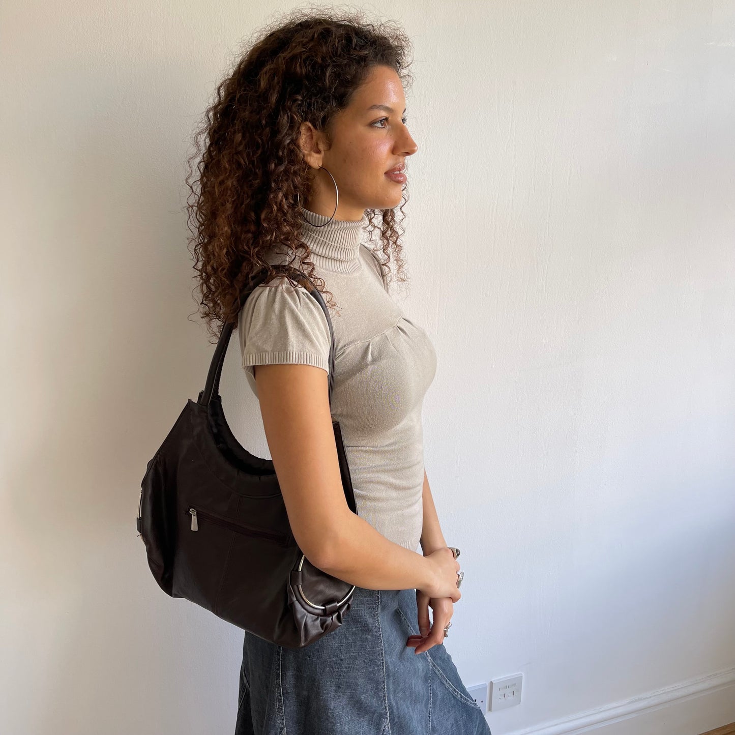 Brown leather ring hobo bag