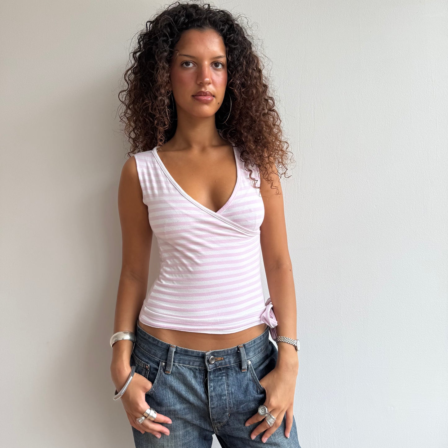 Pink and white striped wrap top - Size XS