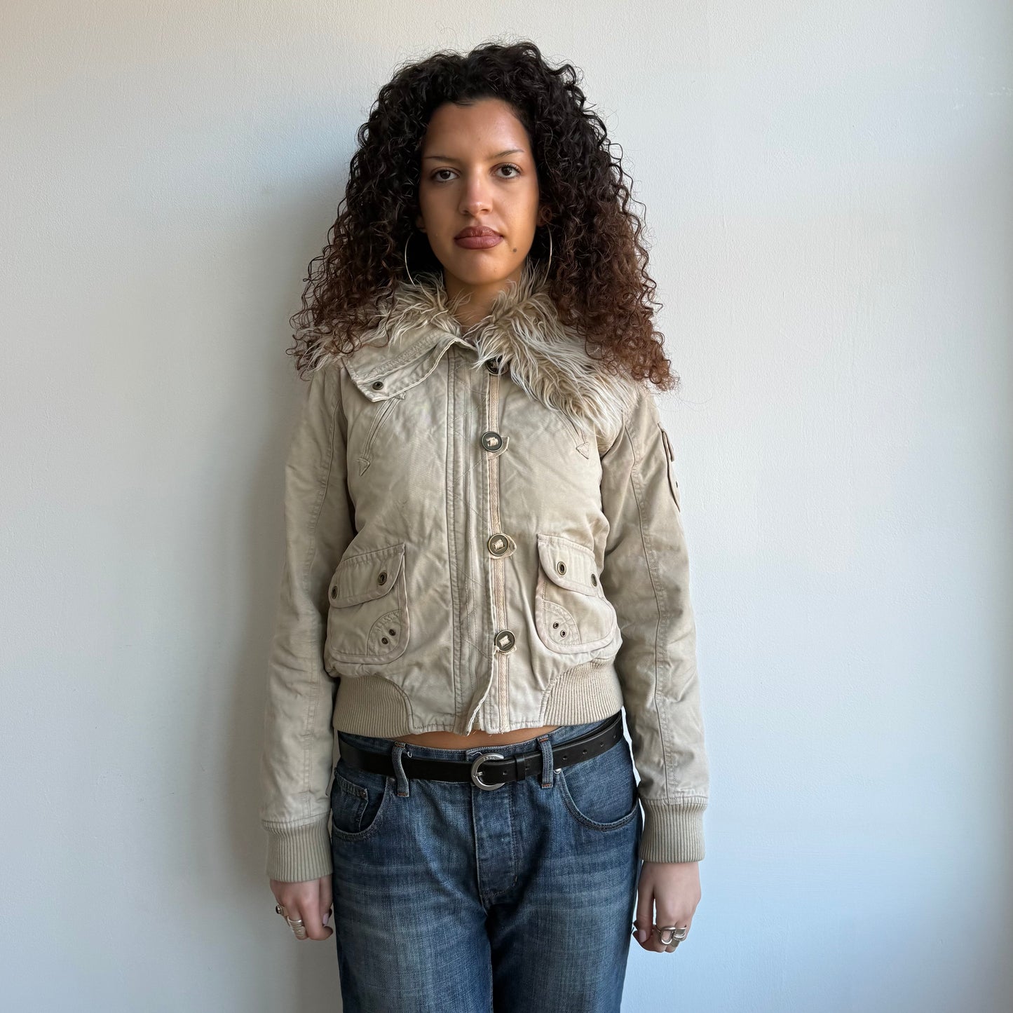 Beige fur collar bomber - Size M