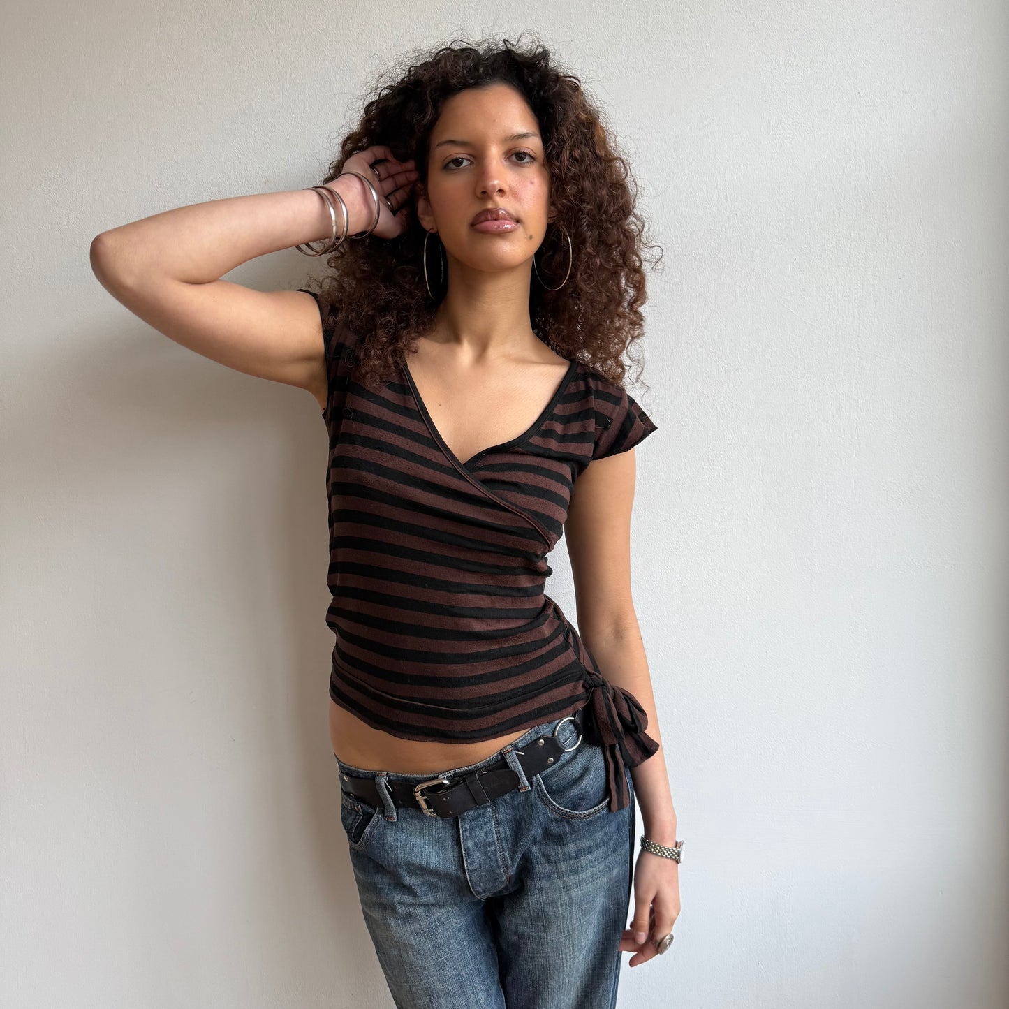 Brown striped ballet wrap top - Size M