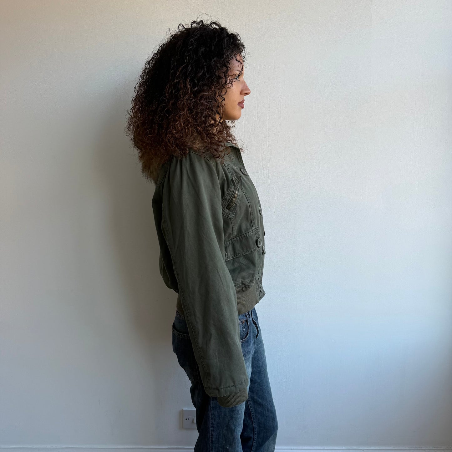 Khaki faux fur hood bomber - Size M