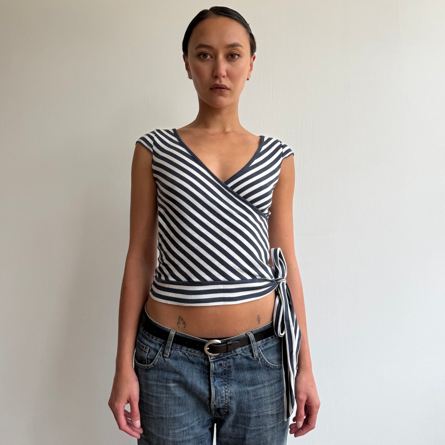 Navy + white stripe wrap top - Size S