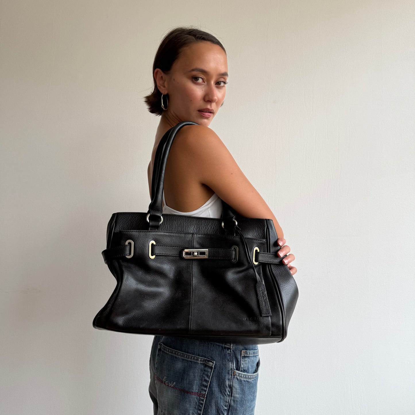 Black leather firkin bag - One Size