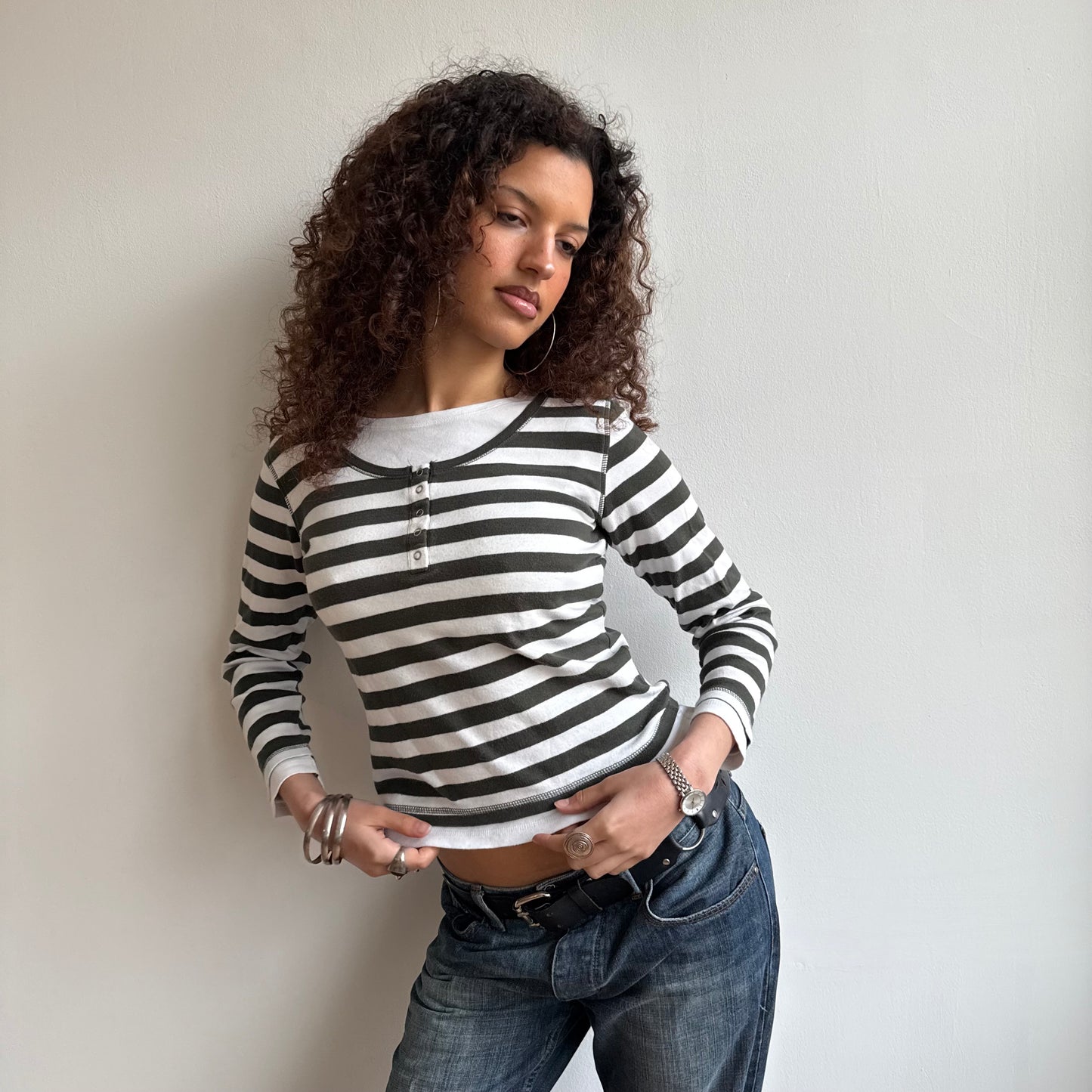 Green stripe long sleeve top - Size S