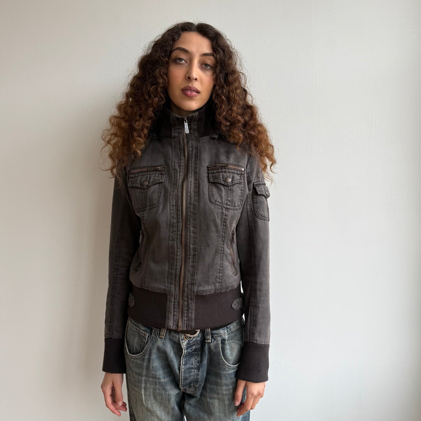 Brown fur hood cargo bomber - Size S