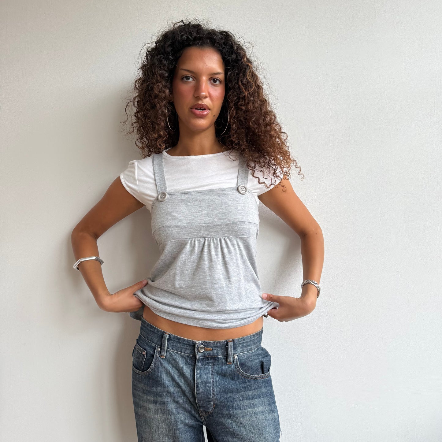 Grey + white dungaree top - Size M
