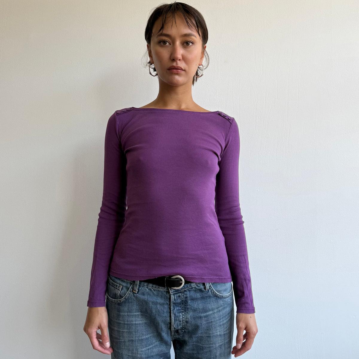 Purple button shoulder top - Size S