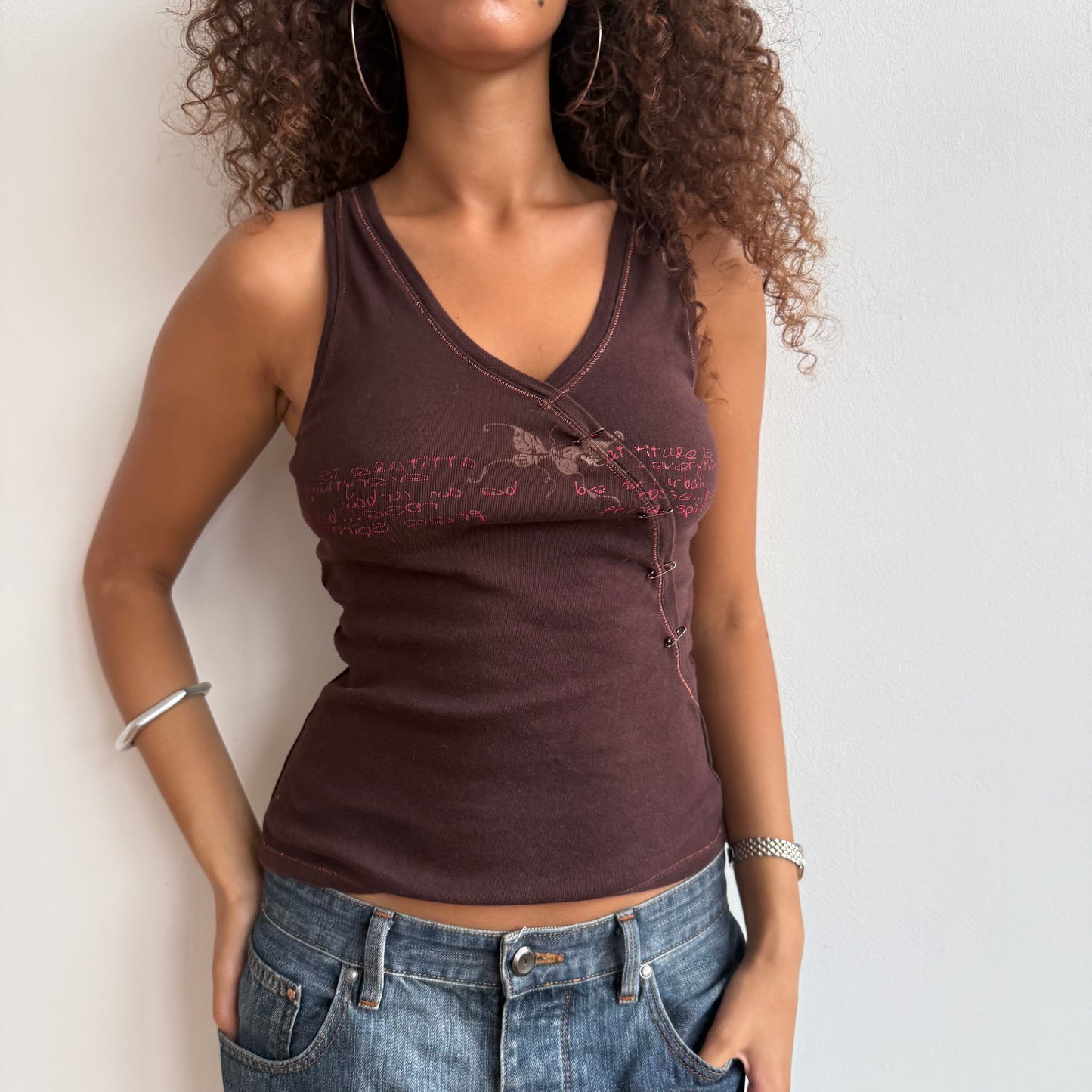 Brown graphic safety pin top - Size S