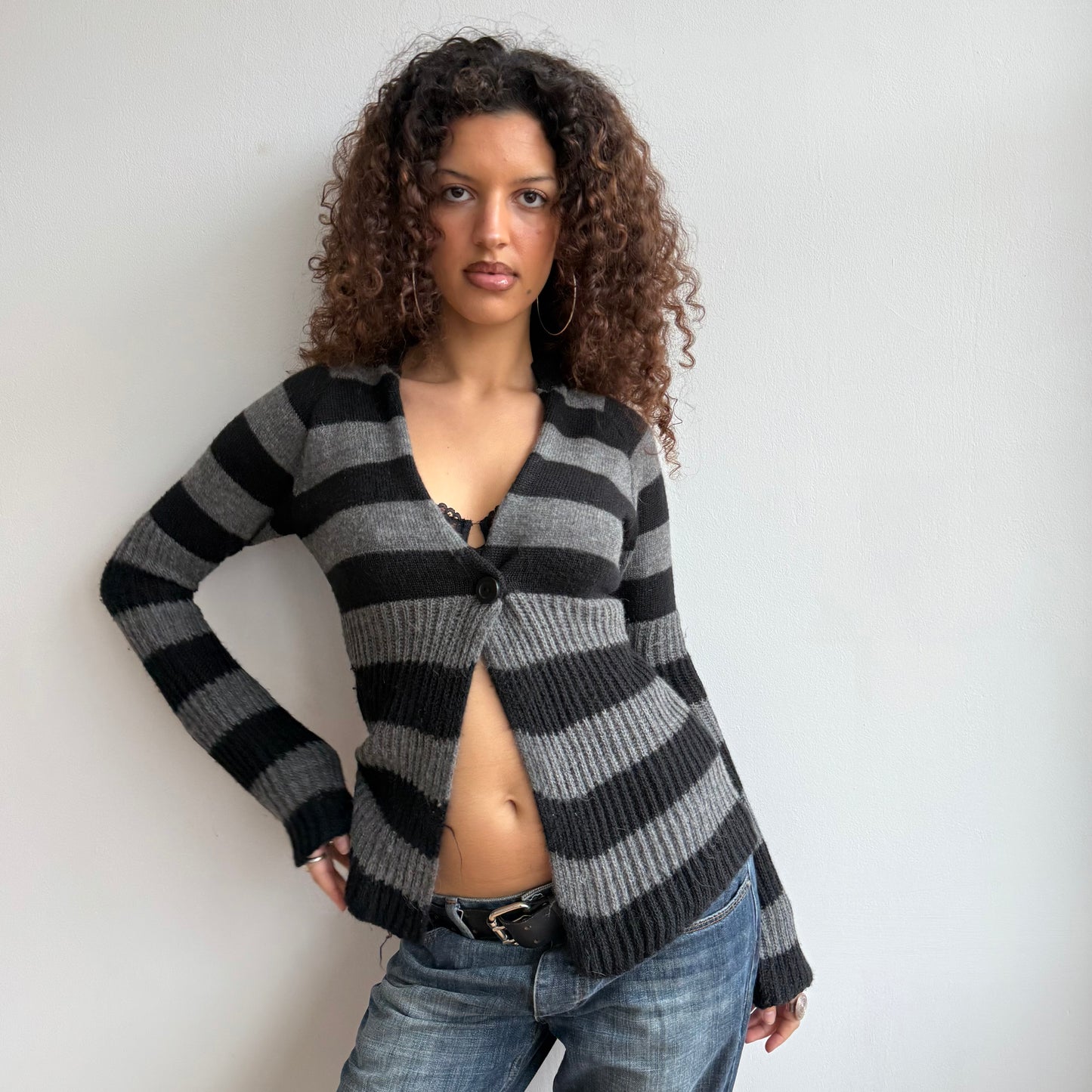 Black + grey striped cardi - Size M