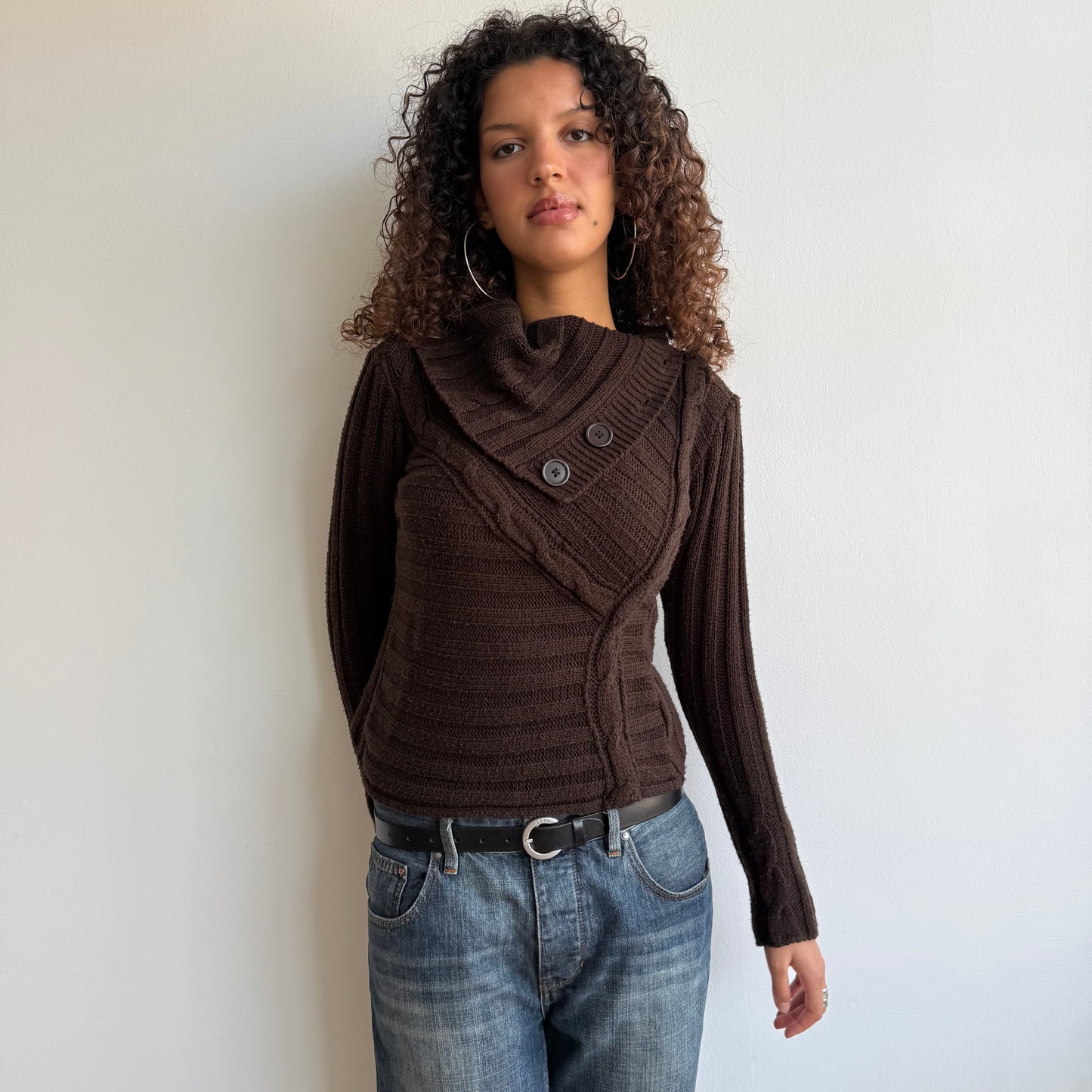 Brown chunky button roll neck - Size S/M