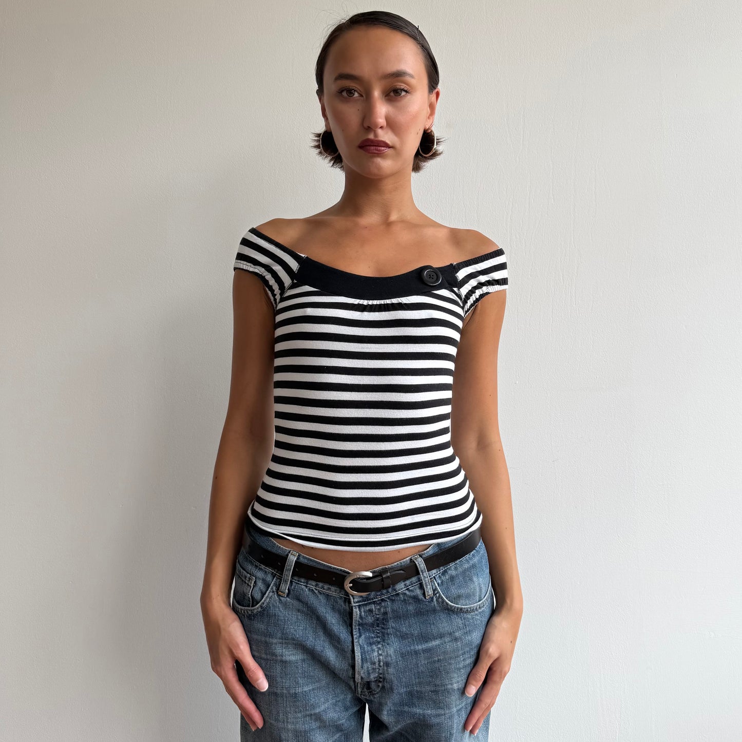 Black + white stripe button top - Size XXS/XS