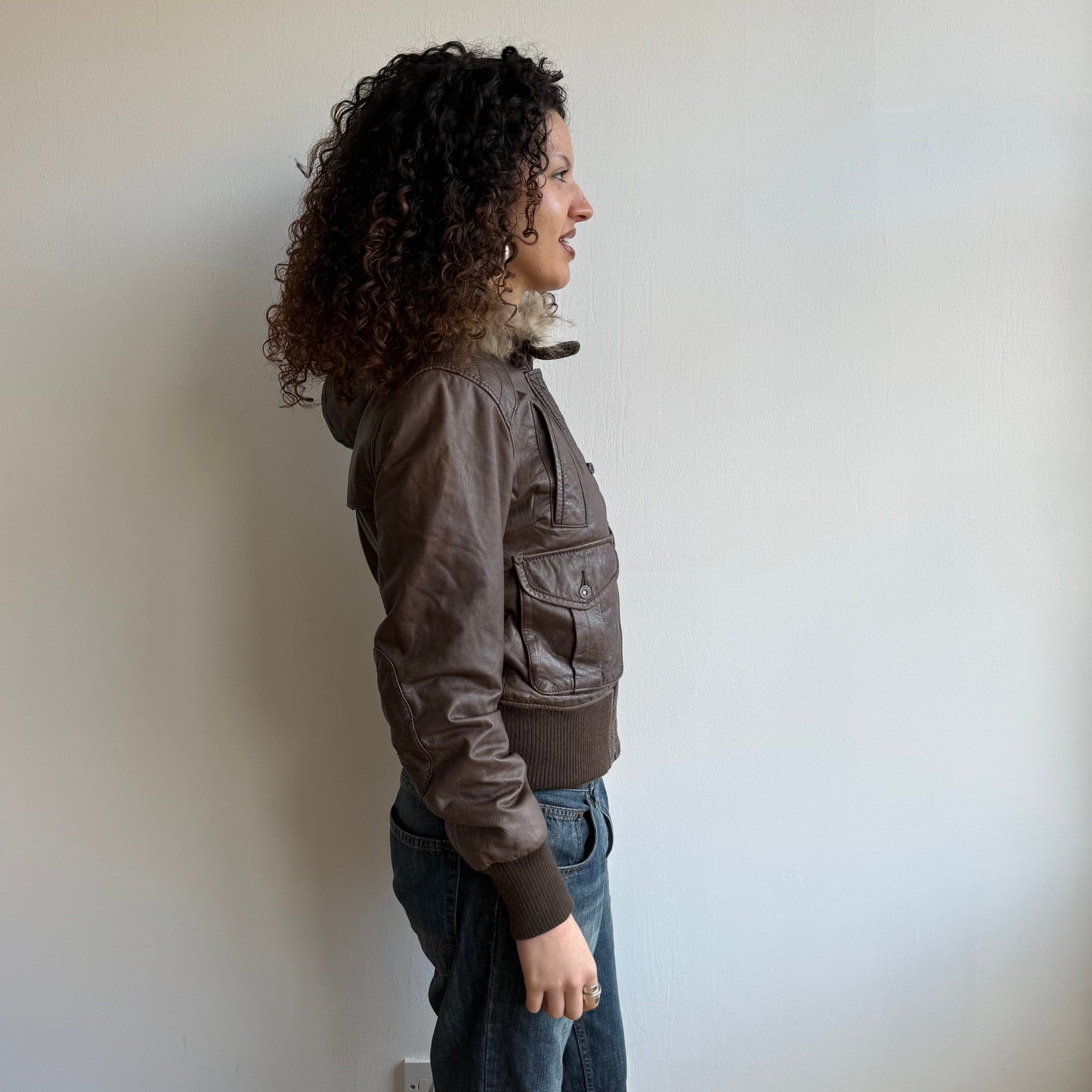 Brown leather fur hood bomber - Size M