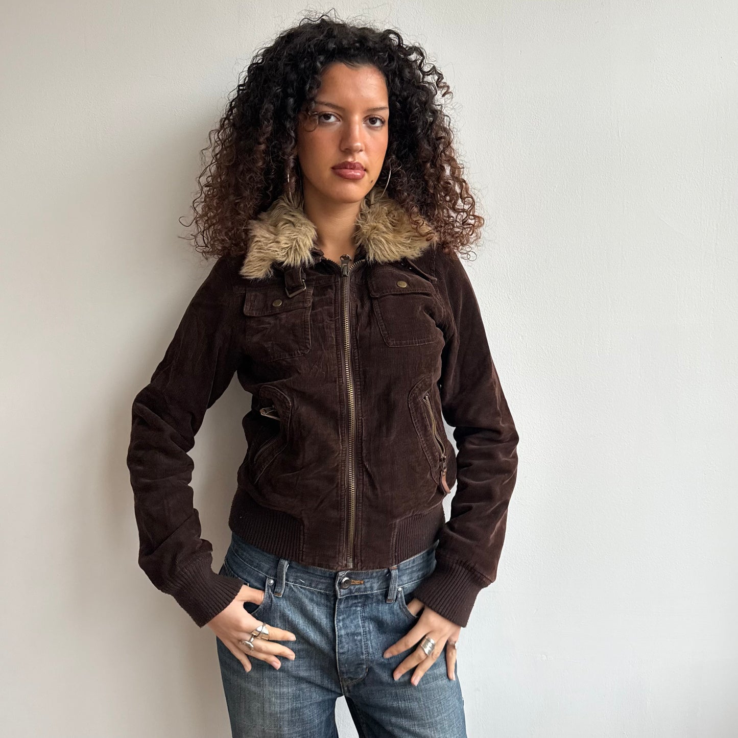Brown cord fur collar bomber - Size M