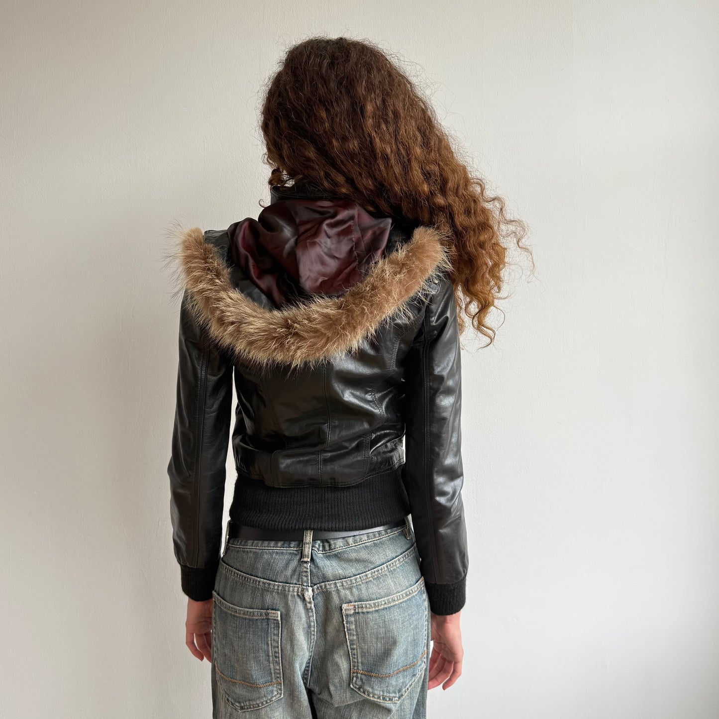 Black leather fur hood bomber - Size S
