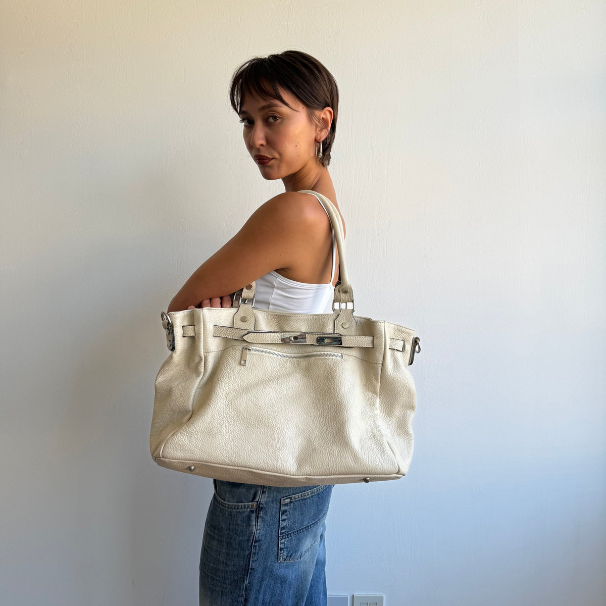 Cream leather firkin bag - One Size