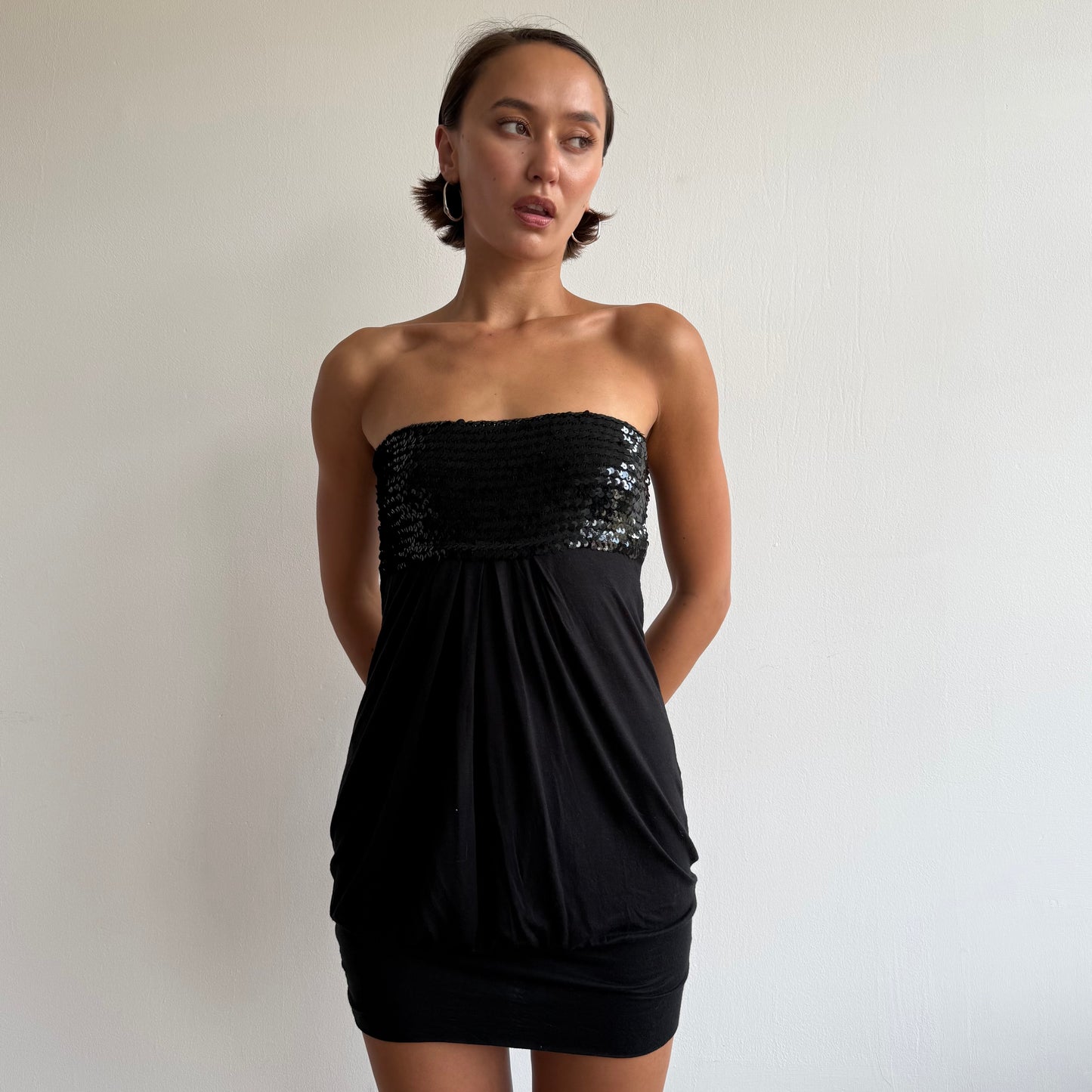 Black sequin bandeau mini dress - Size XS